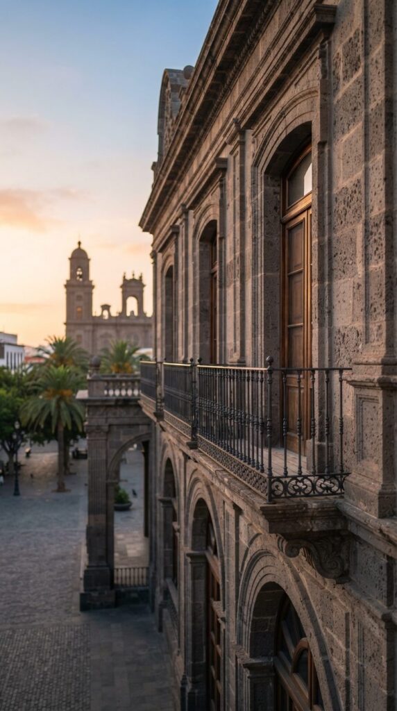Fachada de piedra con balcón de forja en Vegueta y la Catedral de Santa Ana al atardecer