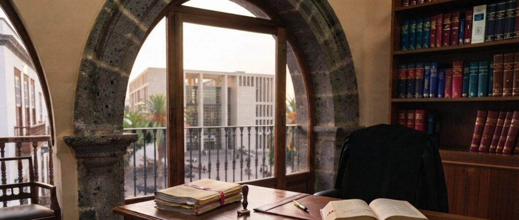 Despacho de procurador con biblioteca jurídica y ventanal hacia la Ciudad de la Justicia de Las Palmas