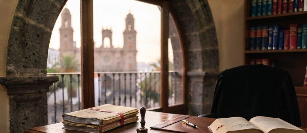 Mesa de despacho con expedientes judiciales, sello y código abierto, con vistas a la Catedral de Santa Ana